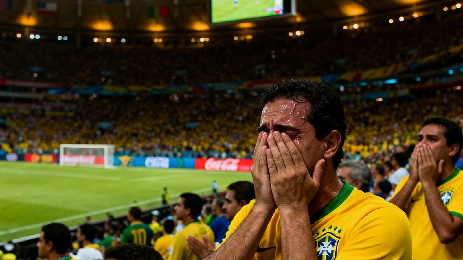 2014年巴西世界杯半决赛，东道主巴西队在贝洛奥里藏特以1比7的悬殊比分惨败给德国队，看台上巴西球迷掩面痛哭、无法接受现实的震撼场景。
