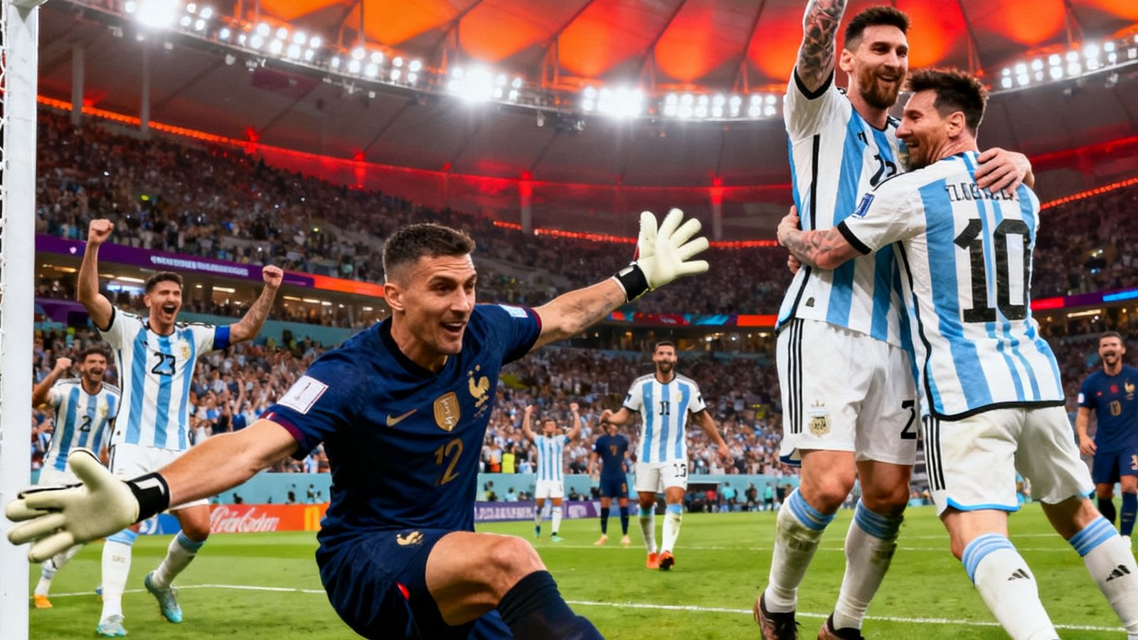 2022年卡塔尔世界杯决赛，阿根廷与法国在120分钟内战成3比3平，点球大战中阿根廷门将马丁内斯神勇扑救，最终梅西带领阿根廷队夺得冠军的激动场景。